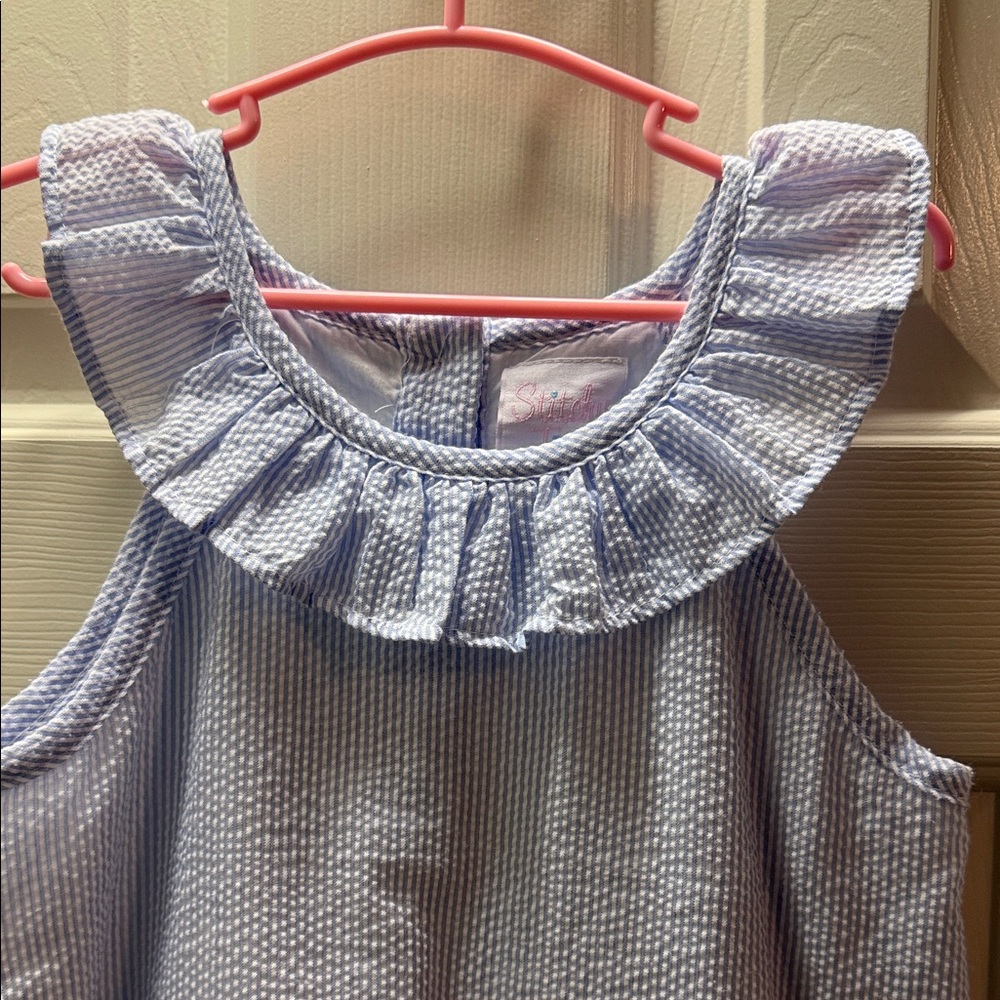 Stitchy Fish Blue Sleeveless Kids Dress with Red Apples - Picture 4 of 12